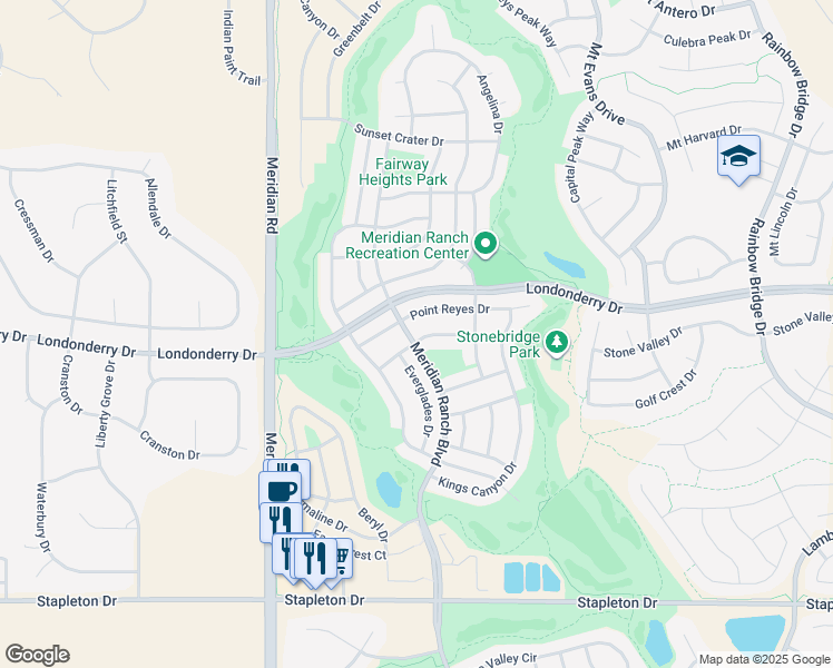 map of restaurants, bars, coffee shops, grocery stores, and more near 12140 Isle Royale Drive in Peyton