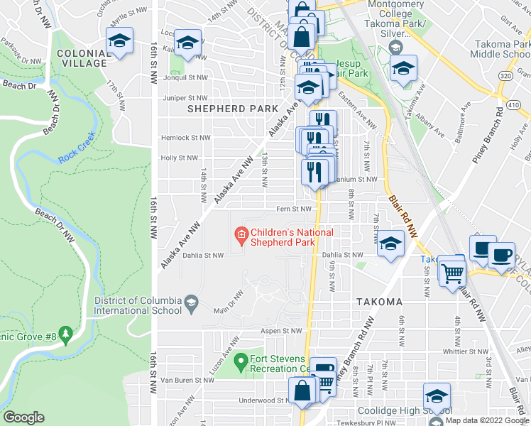 map of restaurants, bars, coffee shops, grocery stores, and more near 13th St NW & N Rd in Washington