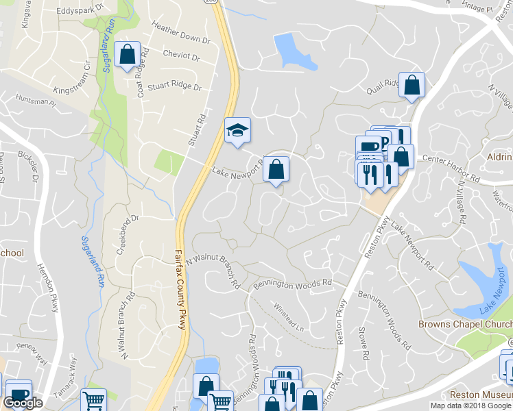 map of restaurants, bars, coffee shops, grocery stores, and more near 1555 Autumn Ridge Circle in Reston
