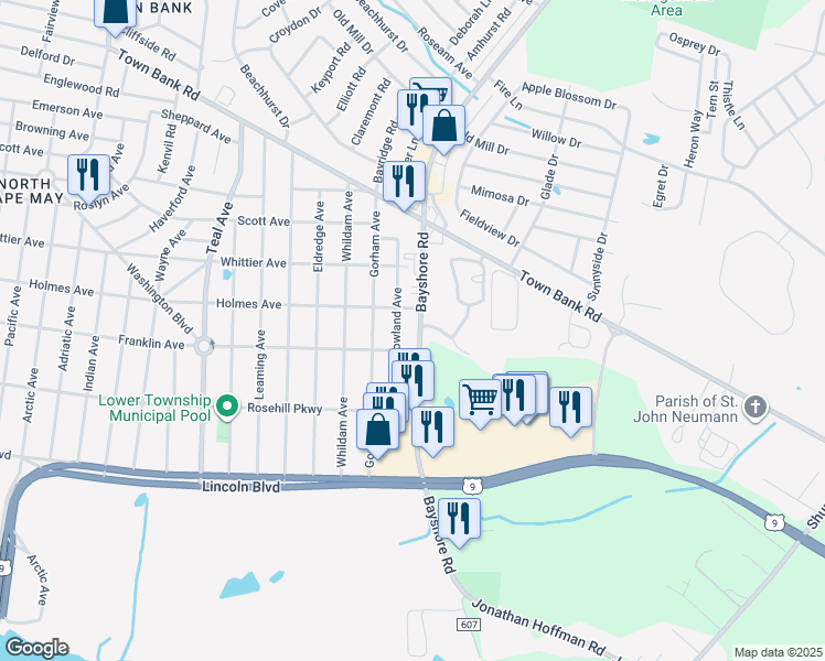 map of restaurants, bars, coffee shops, grocery stores, and more near 107 Washington Boulevard in Lower Township