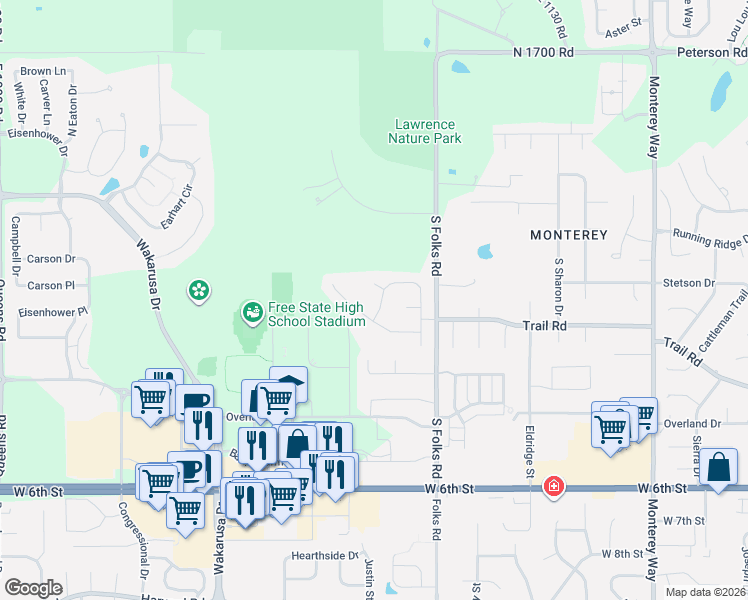map of restaurants, bars, coffee shops, grocery stores, and more near 4620-4624 Trail Road in Lawrence