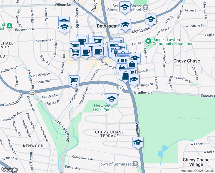 map of restaurants, bars, coffee shops, grocery stores, and more near 4740 Bradley Boulevard in Chevy Chase