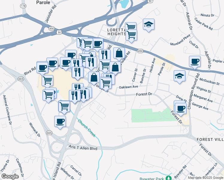 map of restaurants, bars, coffee shops, grocery stores, and more near 2116 Forest Drive in Annapolis