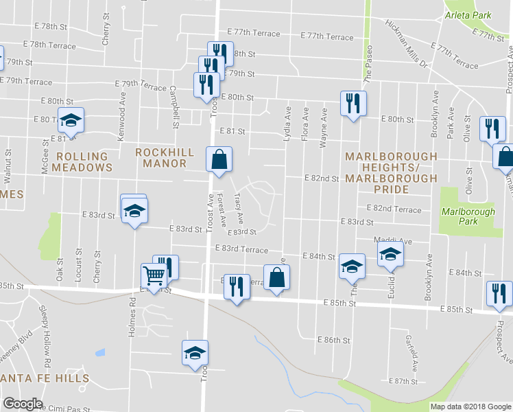 map of restaurants, bars, coffee shops, grocery stores, and more near 1301 East 82nd Terrace in Kansas City