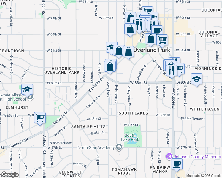 map of restaurants, bars, coffee shops, grocery stores, and more near 8327 Lowell Avenue in Overland Park