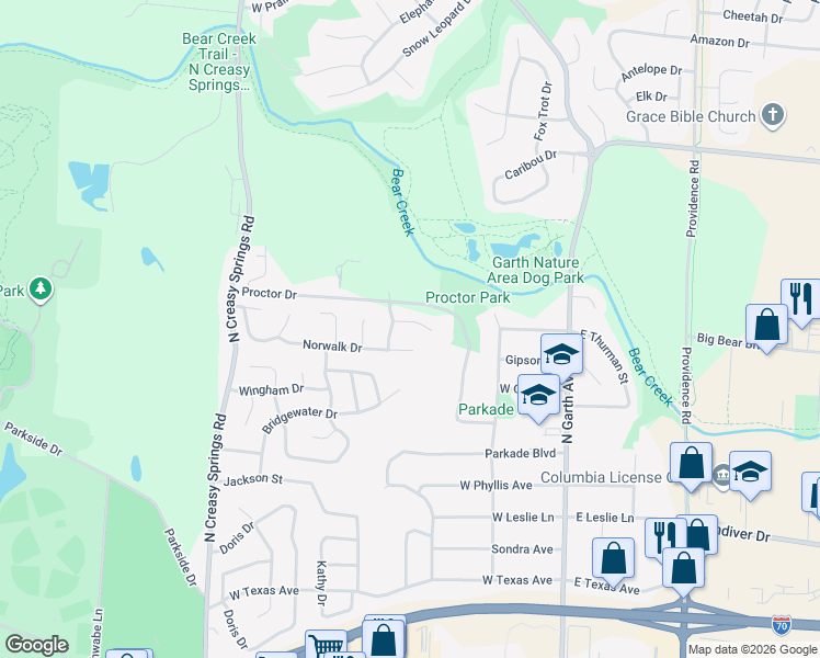 map of restaurants, bars, coffee shops, grocery stores, and more near 605 Norwalk Drive in Columbia