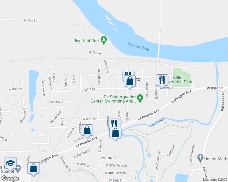 map of restaurants, bars, coffee shops, grocery stores, and more near 33225 West 83rd Street in De Soto