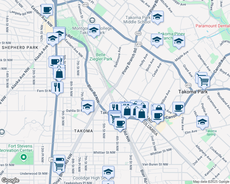 map of restaurants, bars, coffee shops, grocery stores, and more near 7064 Eastern Avenue Northwest in Washington
