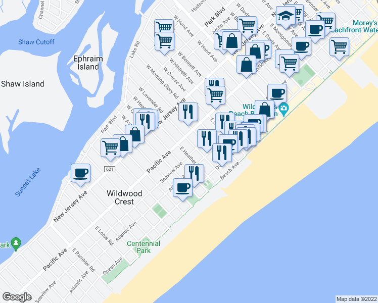 map of restaurants, bars, coffee shops, grocery stores, and more near 5716 Seaview Avenue in Wildwood Crest