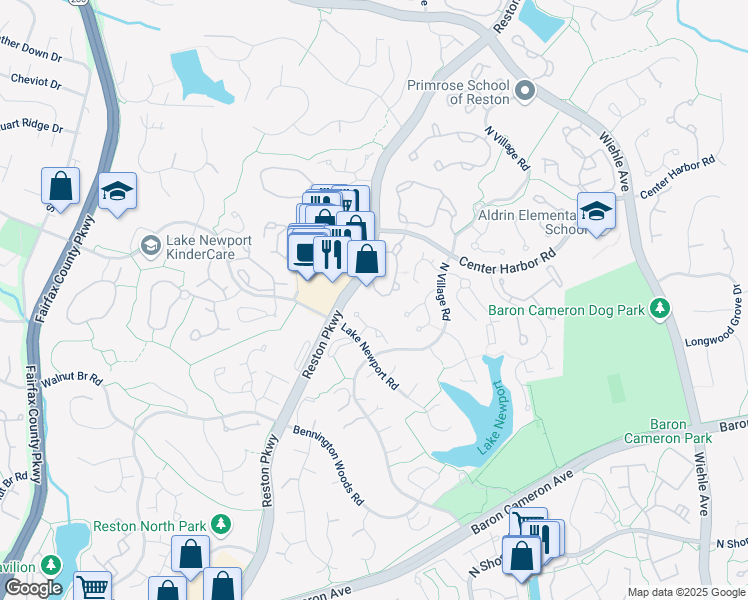map of restaurants, bars, coffee shops, grocery stores, and more near 1541 Church Hill Place in Reston