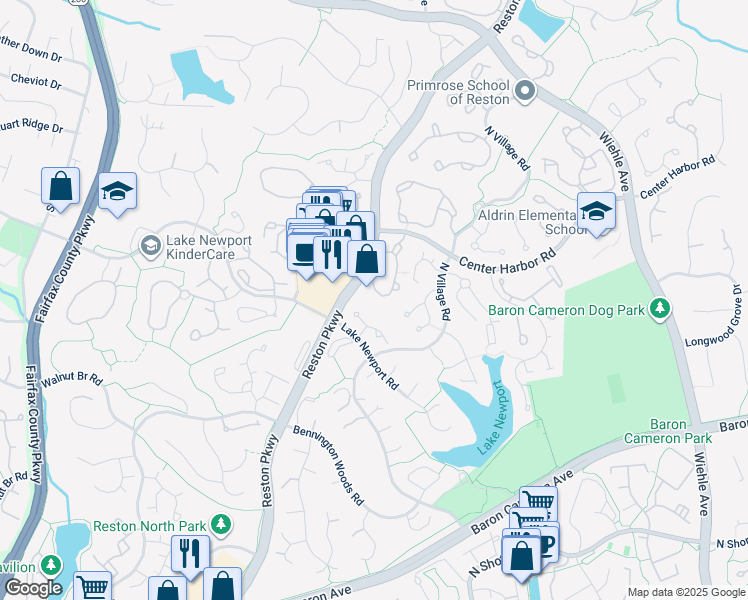 map of restaurants, bars, coffee shops, grocery stores, and more near 1551 Church Hill Place in Reston