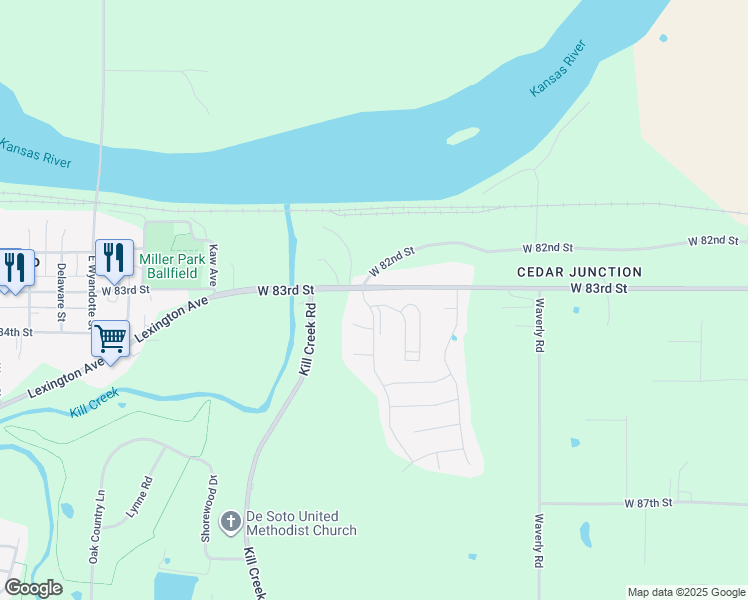 map of restaurants, bars, coffee shops, grocery stores, and more near 31764 West 83rd Circle in De Soto