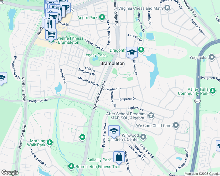 map of restaurants, bars, coffee shops, grocery stores, and more near 23097 Pecos Ln in Ashburn