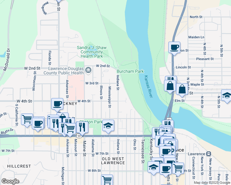 map of restaurants, bars, coffee shops, grocery stores, and more near 342 Mississippi St in Lawrence
