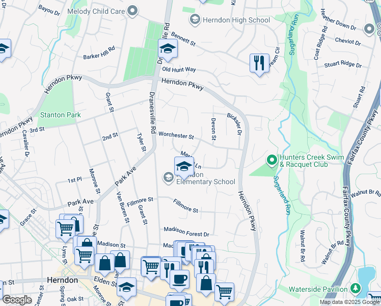 map of restaurants, bars, coffee shops, grocery stores, and more near 600 Merlins Lane in Herndon
