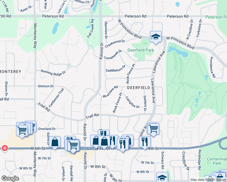 map of restaurants, bars, coffee shops, grocery stores, and more near 3205 Riverview Road in Lawrence