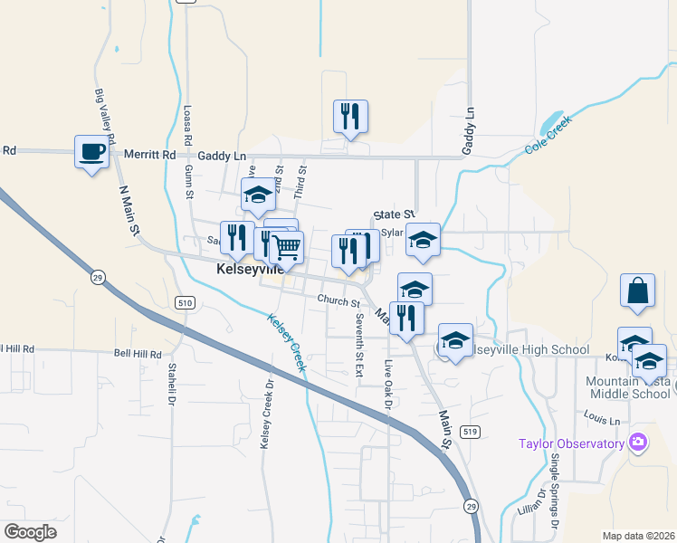 map of restaurants, bars, coffee shops, grocery stores, and more near 4170 Main Street in Kelseyville