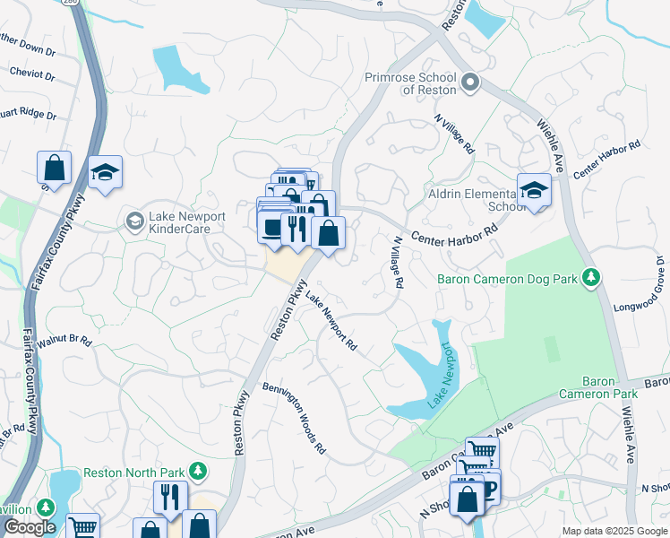 map of restaurants, bars, coffee shops, grocery stores, and more near 1551 Church Hill Place in Reston