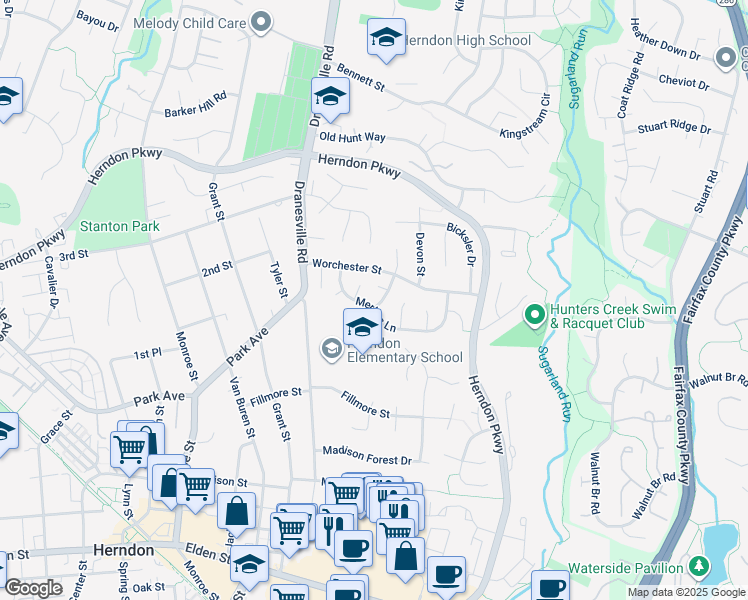 map of restaurants, bars, coffee shops, grocery stores, and more near 600 Merlins Lane in Herndon
