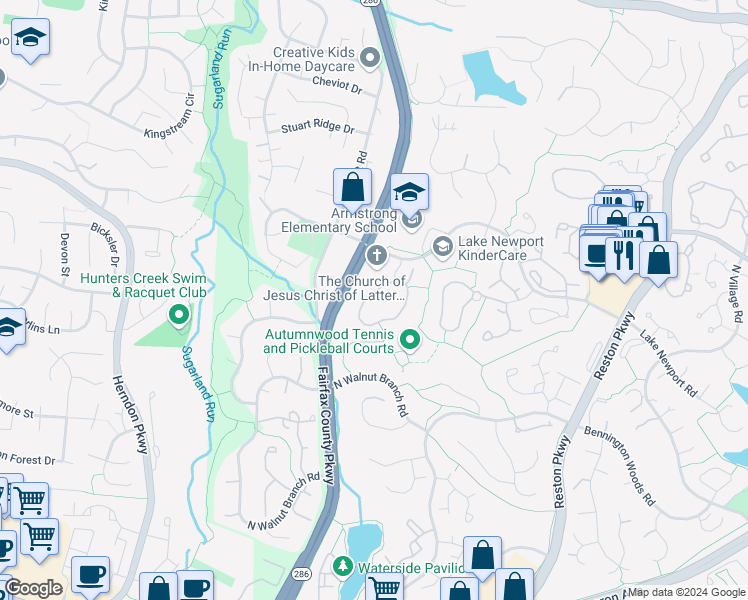 map of restaurants, bars, coffee shops, grocery stores, and more near 1651 Poplar Grove Drive in Reston