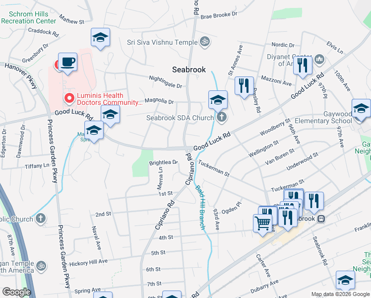 map of restaurants, bars, coffee shops, grocery stores, and more near Cipriano Road in Greenbelt