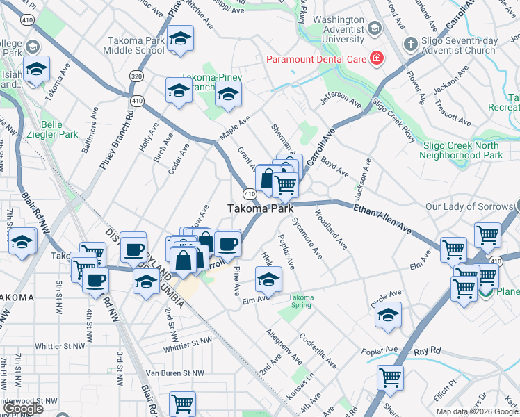 map of restaurants, bars, coffee shops, grocery stores, and more near in Takoma Park