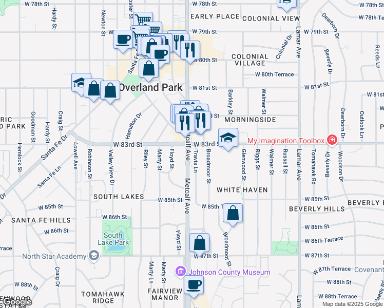 map of restaurants, bars, coffee shops, grocery stores, and more near 8346 Metcalf Avenue in Overland Park