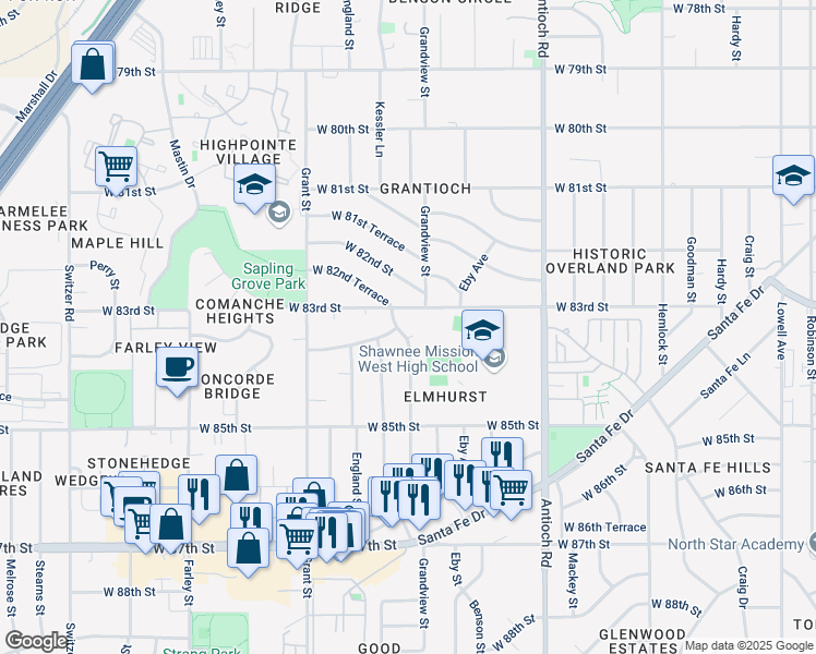 map of restaurants, bars, coffee shops, grocery stores, and more near 8320 Grandview Lane in Overland Park