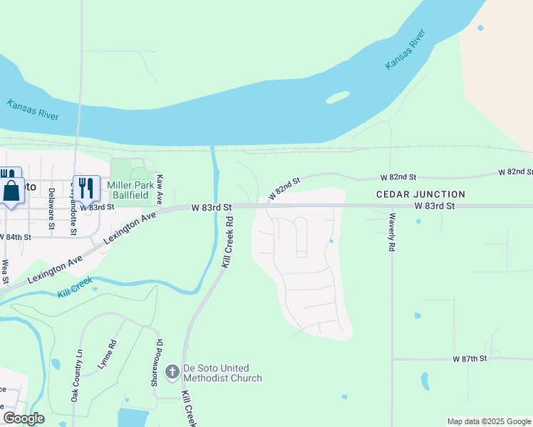 map of restaurants, bars, coffee shops, grocery stores, and more near 31764 West 83rd Circle in De Soto