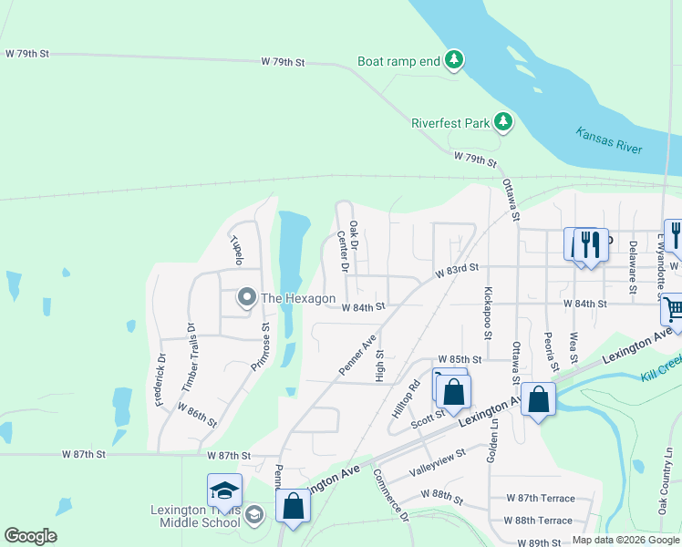 map of restaurants, bars, coffee shops, grocery stores, and more near 8320 Center Drive in De Soto