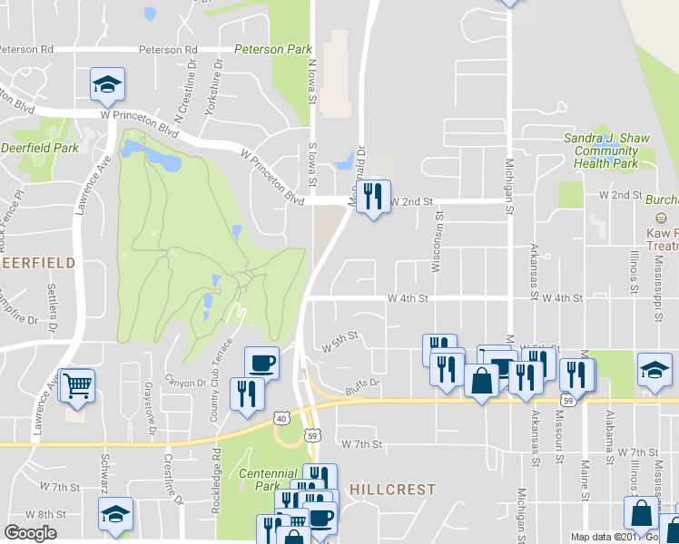 map of restaurants, bars, coffee shops, grocery stores, and more near 326 Northwood Lane in Lawrence