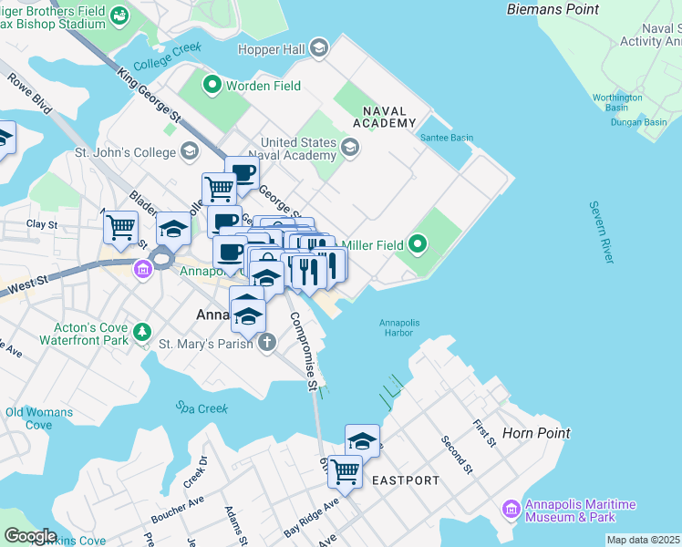 map of restaurants, bars, coffee shops, grocery stores, and more near 52 King George Street in Annapolis