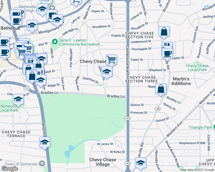 map of restaurants, bars, coffee shops, grocery stores, and more near 4015 Rosemary Street in Chevy Chase