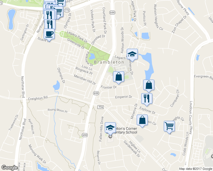 map of restaurants, bars, coffee shops, grocery stores, and more near 23097 Pecos Ln in Ashburn