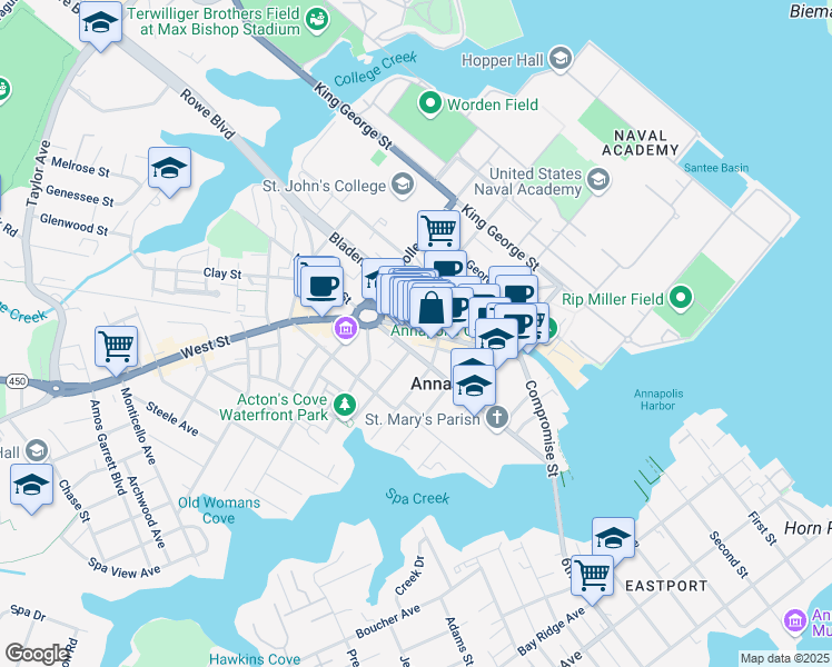 map of restaurants, bars, coffee shops, grocery stores, and more near 197 Main Street in Annapolis