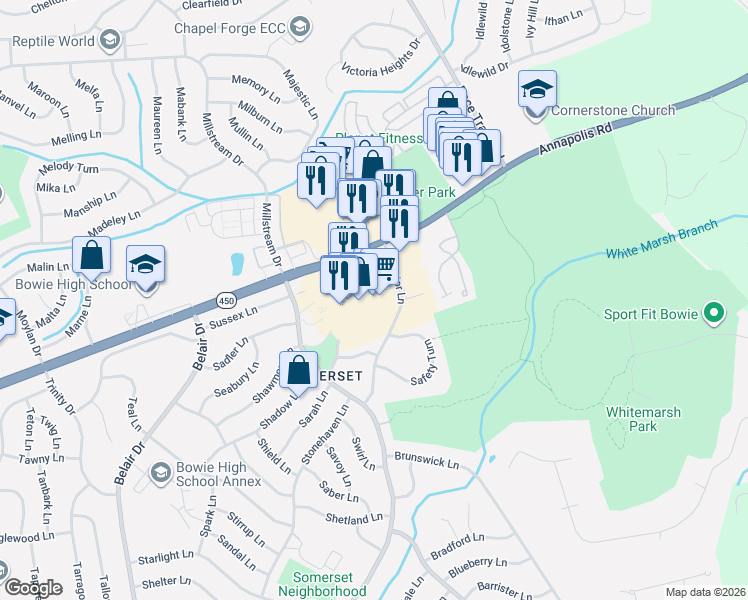 map of restaurants, bars, coffee shops, grocery stores, and more near 15501 Annapolis Road in Bowie