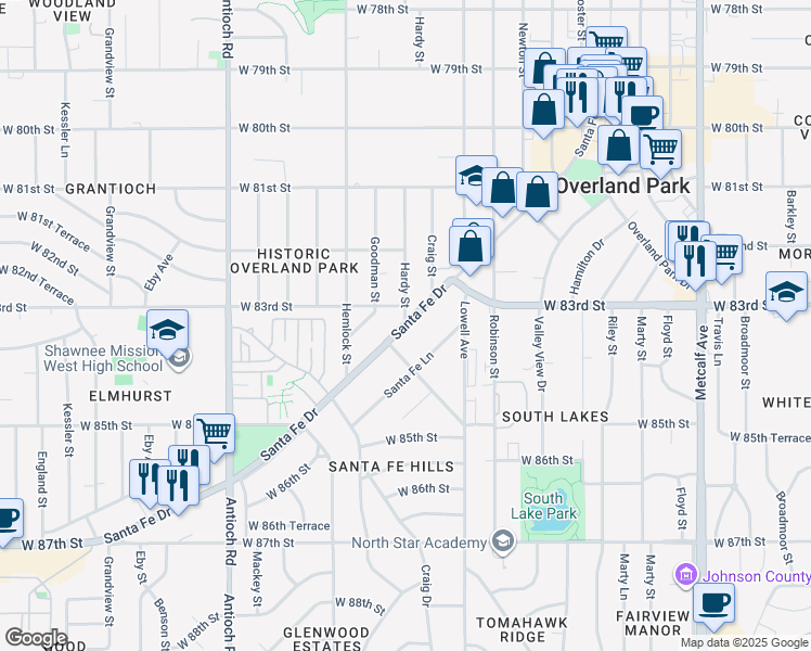 map of restaurants, bars, coffee shops, grocery stores, and more near 14210 Hardy Street in Overland Park