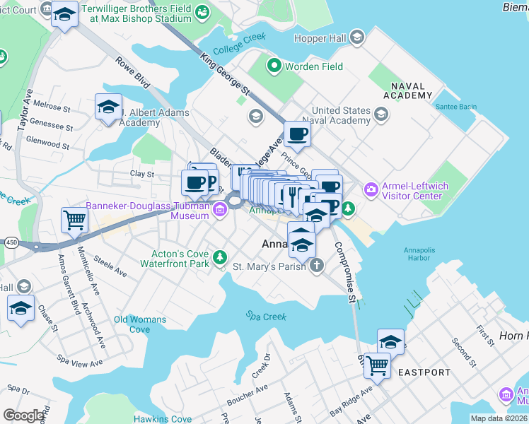 map of restaurants, bars, coffee shops, grocery stores, and more near 199 Main Street in Annapolis