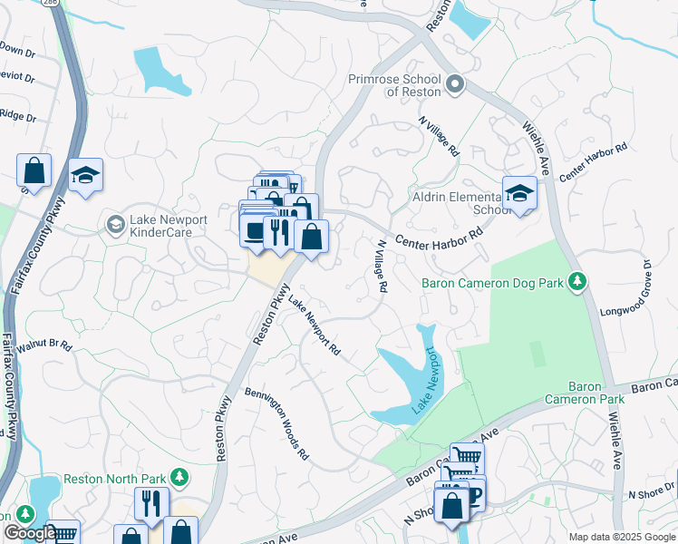 map of restaurants, bars, coffee shops, grocery stores, and more near 1501 Church Hill Place in Reston