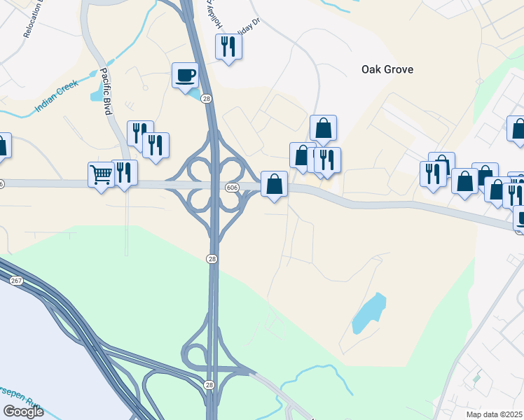 map of restaurants, bars, coffee shops, grocery stores, and more near 45520 Dulles Plaza in Sterling