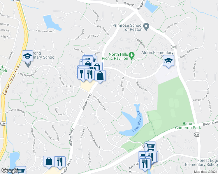 map of restaurants, bars, coffee shops, grocery stores, and more near 1501 Church Hill Place in Reston