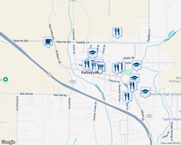 map of restaurants, bars, coffee shops, grocery stores, and more near 7751 Brower Lane in Kelseyville
