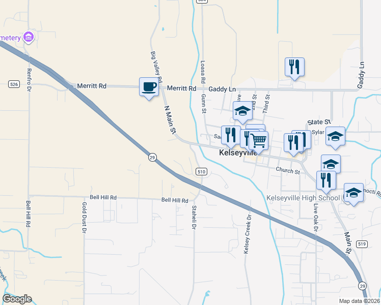 map of restaurants, bars, coffee shops, grocery stores, and more near 5300 McKee Road in Kelseyville