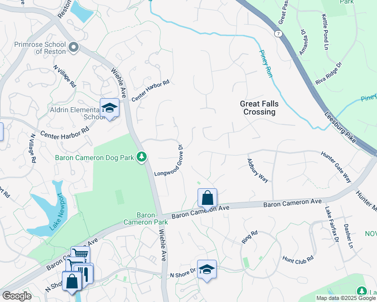 map of restaurants, bars, coffee shops, grocery stores, and more near 1315 Sawbridge Way in Reston