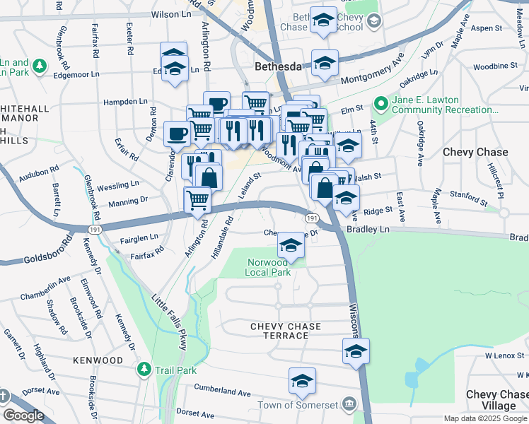 map of restaurants, bars, coffee shops, grocery stores, and more near 6726 Offutt Lane in Bethesda