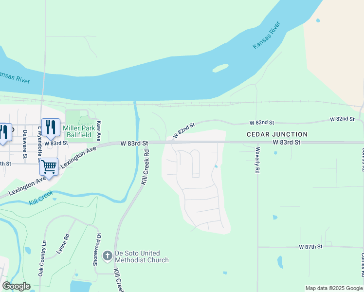 map of restaurants, bars, coffee shops, grocery stores, and more near 31764 West 83rd Circle in De Soto