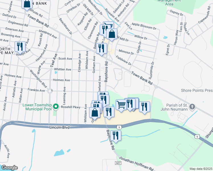 map of restaurants, bars, coffee shops, grocery stores, and more near 107 Washington Boulevard in North Cape May