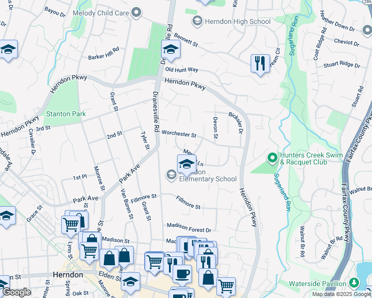 map of restaurants, bars, coffee shops, grocery stores, and more near 604 Merlins Lane in Herndon
