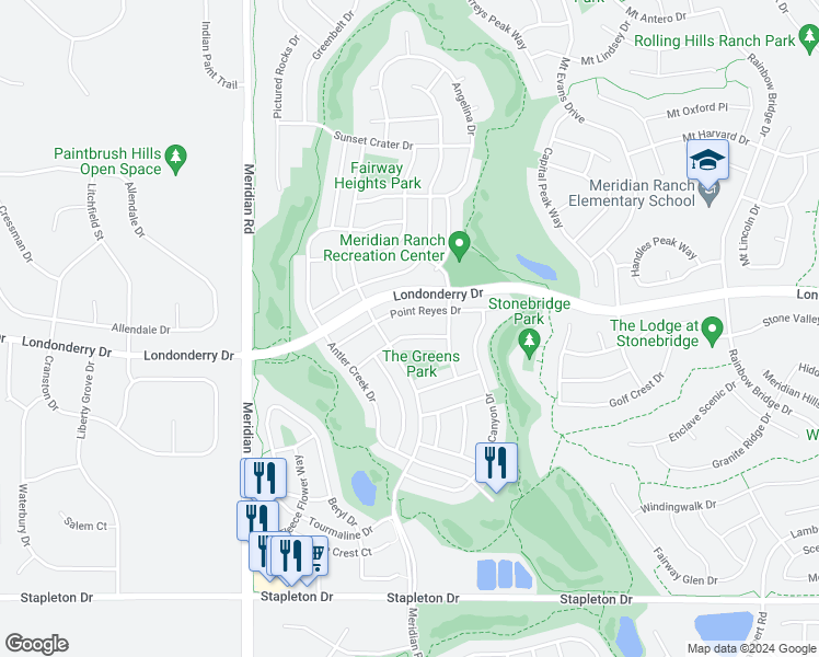 map of restaurants, bars, coffee shops, grocery stores, and more near 12236 Isle Royale Drive in Peyton