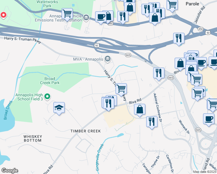 map of restaurants, bars, coffee shops, grocery stores, and more near 2620 Riva Road in Annapolis